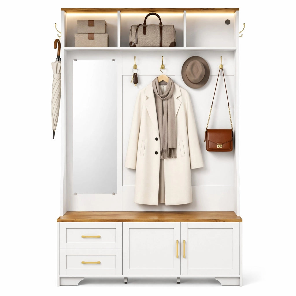 Armadio guardaroba da ingresso con scarpiera, specchio, LED, ganci e cassetti 120x40x187 cm bianco effetto legno