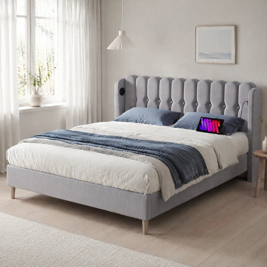 LETTO imbottito 160x200 cm Grigio con USB e Type-C