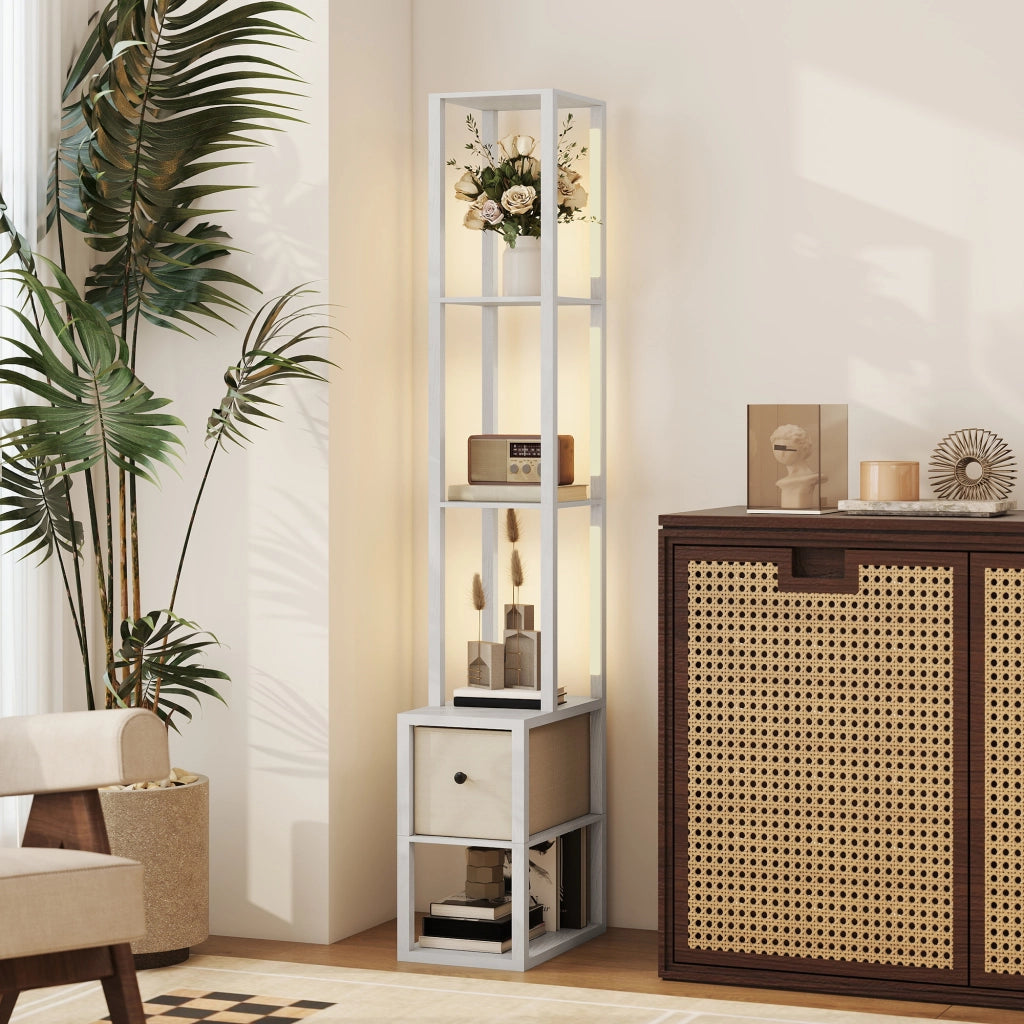Lampada da Terra Moderna con Ripiani e Cassetto ¨C Minimal ¨C Bianco 30x30x150
