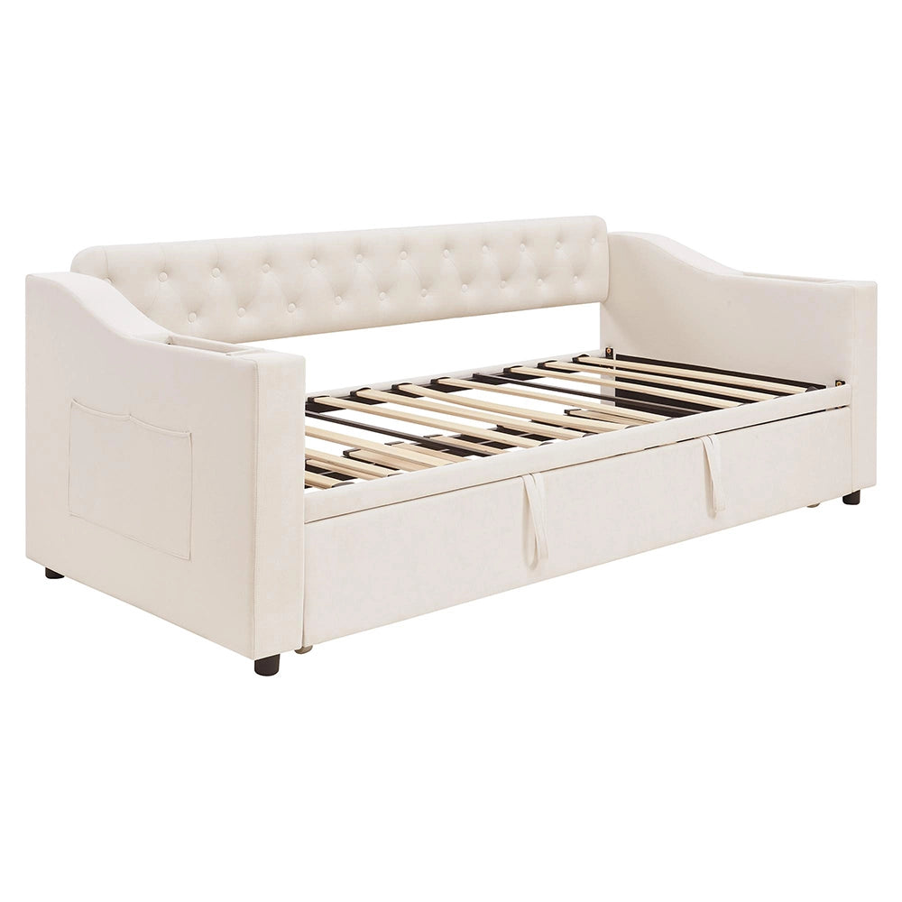 Divano letto - Xylo - 90/180x190 cm braccioli USB velluto beige