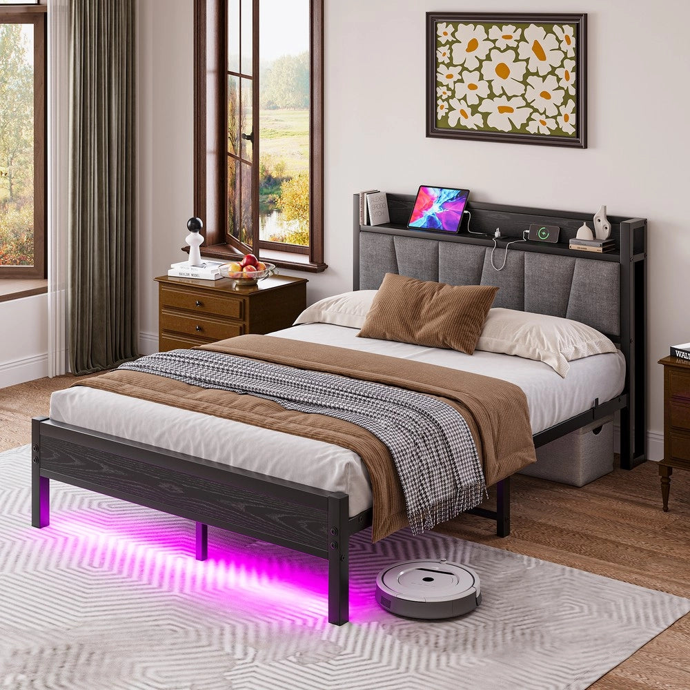 Letto Matrimoniale con LED e USB ¨C MINIMAL ¨C Metallo 140x190