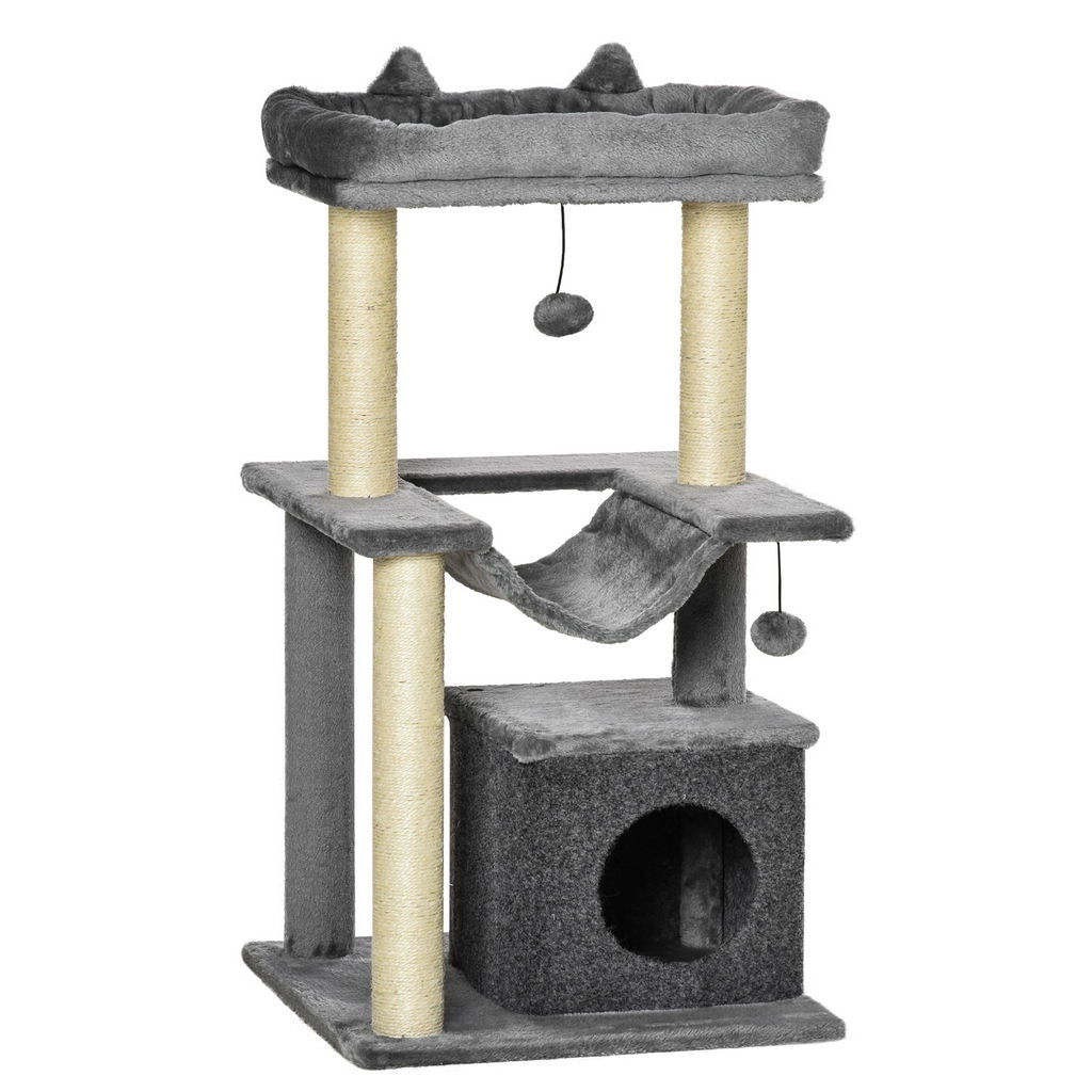 ALBERO PER GATTI CON TIRAGRAFFI IN CORDA SISAL, CASETTA, CUSCINO E AMACA, RIVESTIMENTO IN PELUCHE E FELTRO 100CM H GRIGIO
