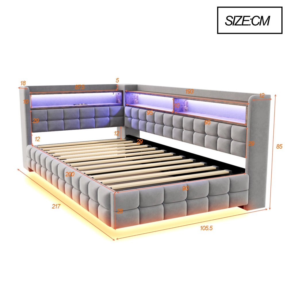 LETTO Contenitore 90x200 cm in velluto grigio chiaro con LED e prese USB/Type-C