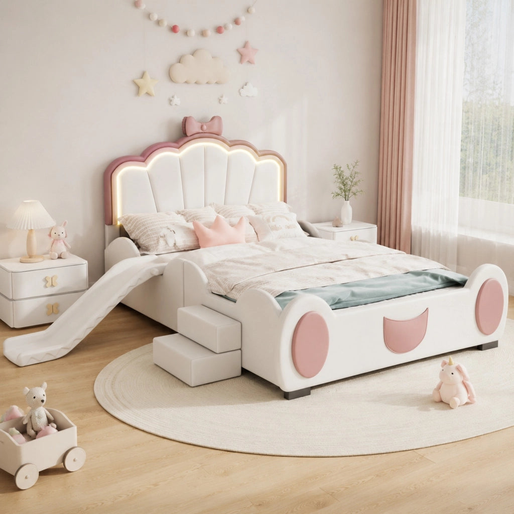 LETTO per bambini 140x200 cm a farfalla con LED, scivolo e scala, PU rosa e bianco