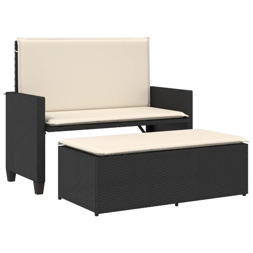Panchina da Giardino | Panca da Giardino con Cuscini e Poggiapiedi Nera in Polyrattan