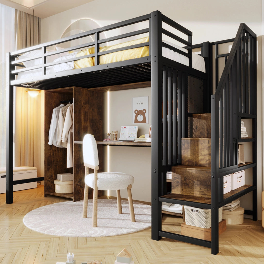 Letto a soppalco con scrivania e armadio - Zephmum- 90x200 cm- Nero