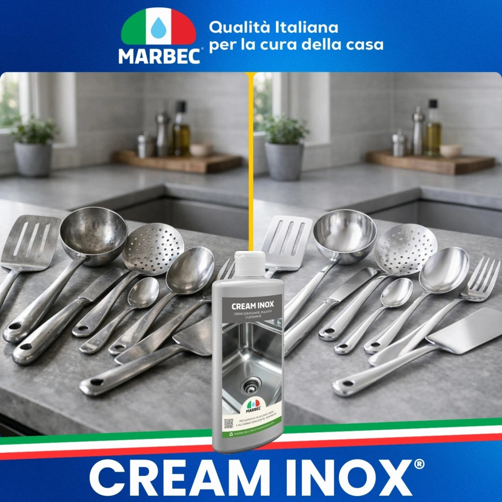 Crema detergente e lucidante per acciaio inox, elimina aloni e impronte Marbec CREAM INOX® - 250GR