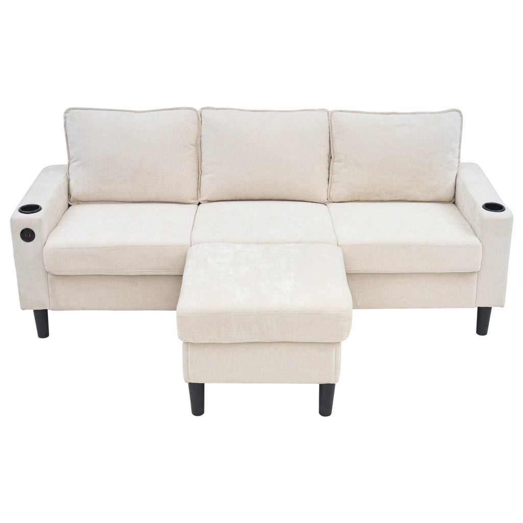 Divano letto imbottito 3 posti - Zephmum- USB e Type-C, porta bevande, forma L, beige