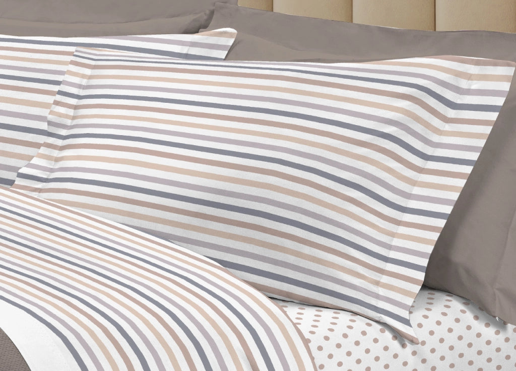 Completo Lenzuola Letto 100% Cotone Italy 3027 Disegno Riga Dots - Piazza E Mezza - Beige
