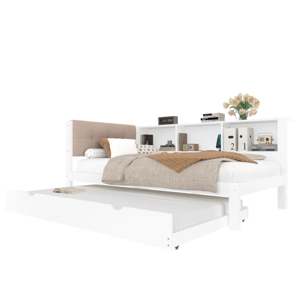 Letto daybed estraibile in pino bianco con LED, USB e ripiani laterali