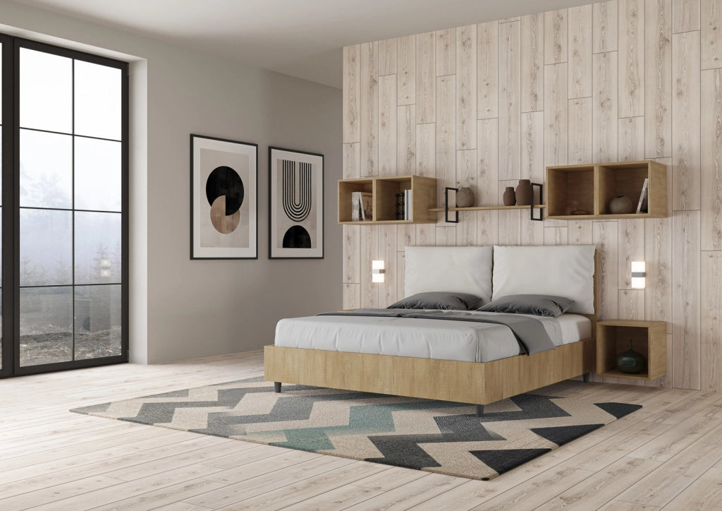 BS COM Letto matrimoniale con rete 160x190 Quercia cuscini similpelle bianco