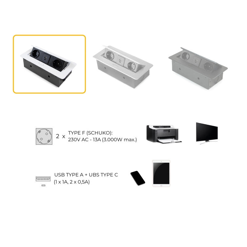 Multiconnettore da tavolo Atom 26 Lite, 225x111mm, 2 prese Schuko, 1 USB Tipo A, 1 USB Tipo C, Zama-Acciaio-Plastica, ..