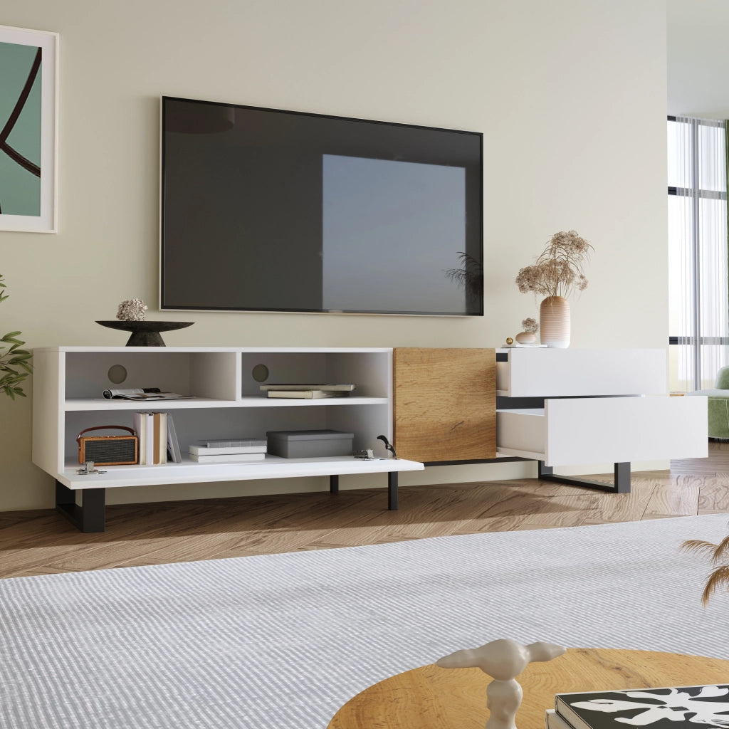 Cassettiera TV bianca e legno; in MDF; lunghezza 180 cm