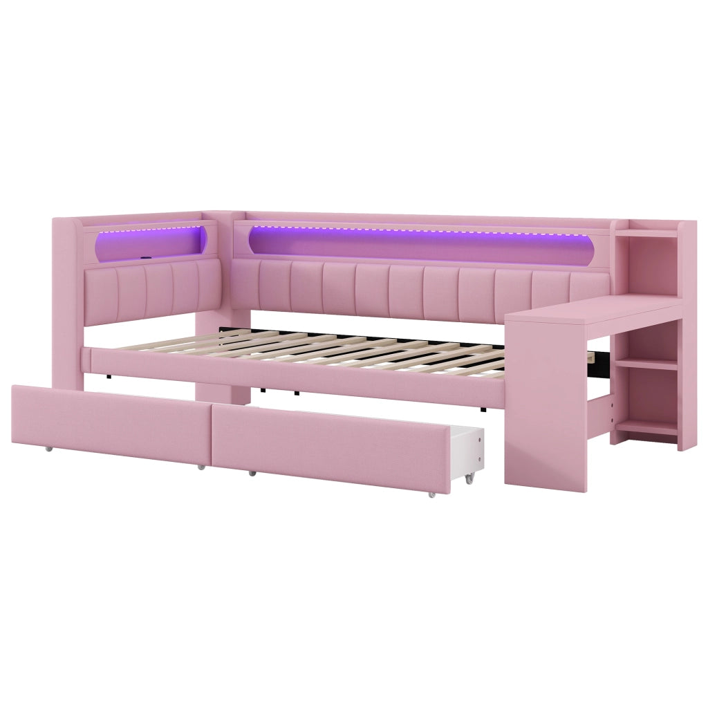 Lettino con scrivania 90x200; porte USB; striscia LED; 2 cassetti; rosa