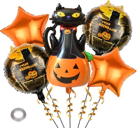 Set di decorazioni per Halloween per gatti - pallone XXL di plastica gatto decorazione horror pompon stelle - decorazioni per festa di Halloween