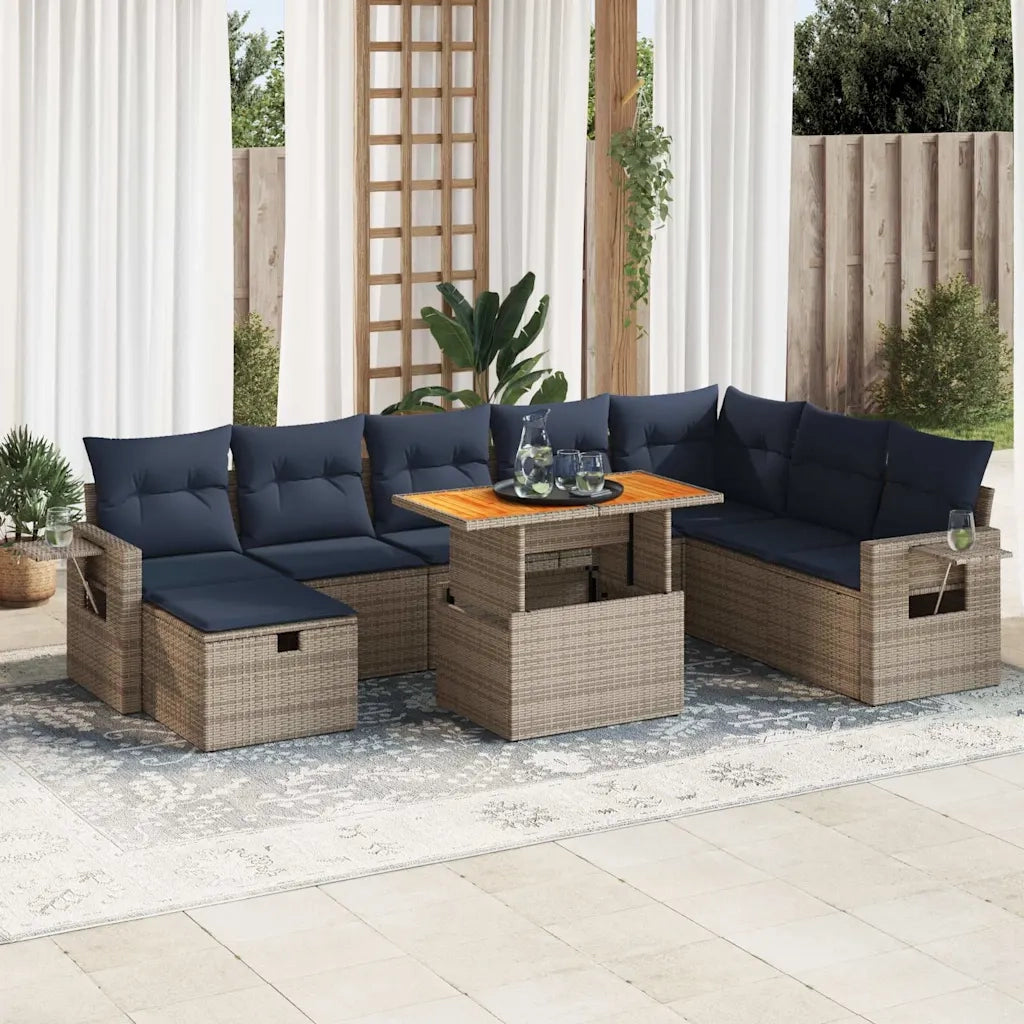 Set Divano da Giardino 9pz con Cuscini Grigio Polyrattan Acacia 3328048