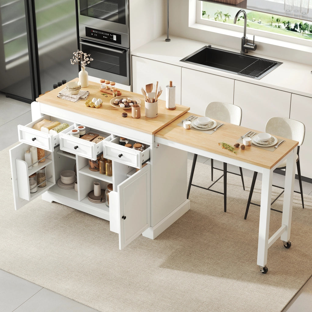 Isola da cucina su ruote con piano estraibile laterale da 112 a 188 cm; portaspezie e cassetti; bianco