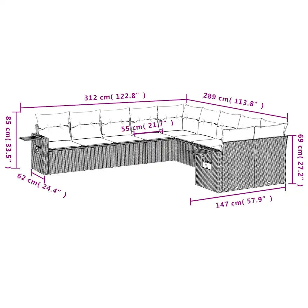 Set Divano Giardino 10 pz con Cuscini Grigio Chiaro Polyrattan 3220711