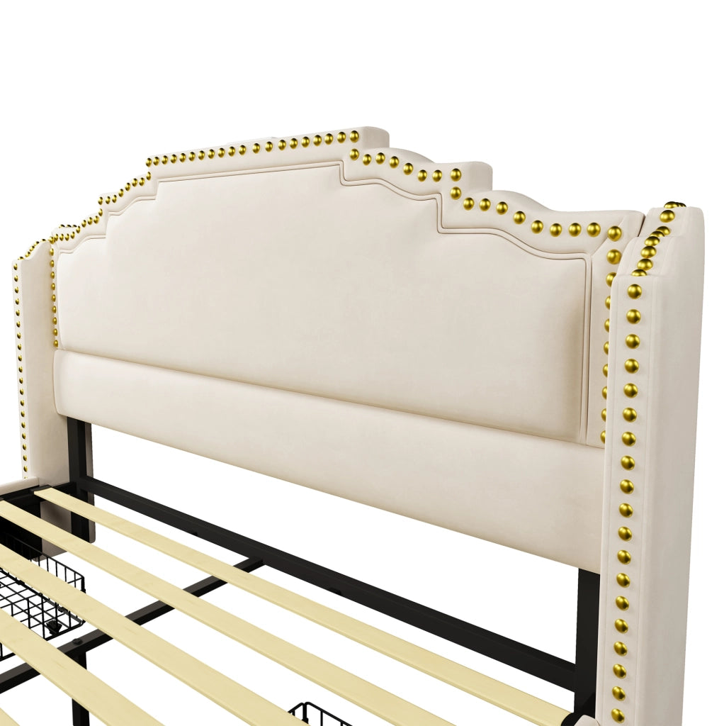 Letto matrimoniale 160x200 in velluto con LED, USB-C e 4 cassetti