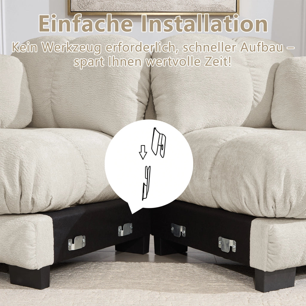 Divano angolare modulare 2 posti in Chenille con Cuscino mobile e pouf, Light Khaki