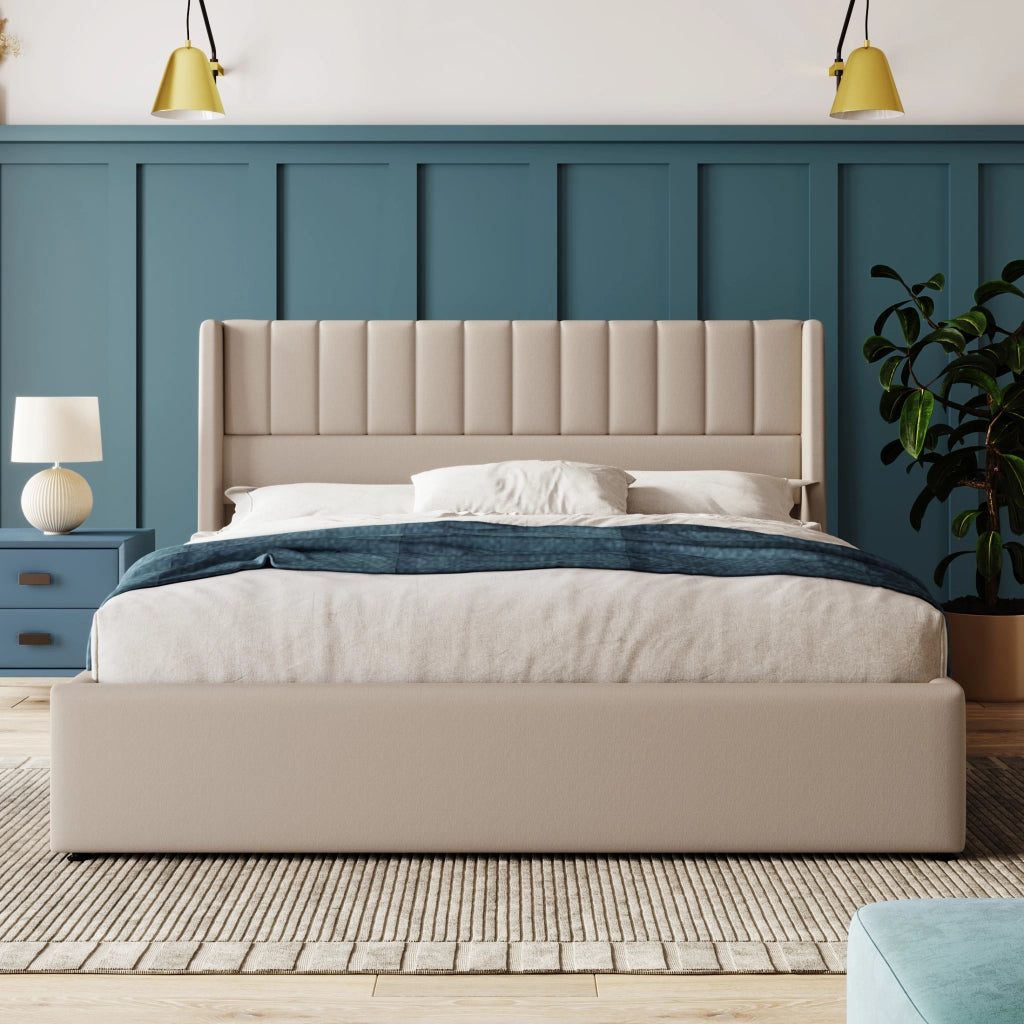 LETTO Contenitore idraulico 160x200 cm in lino Beige