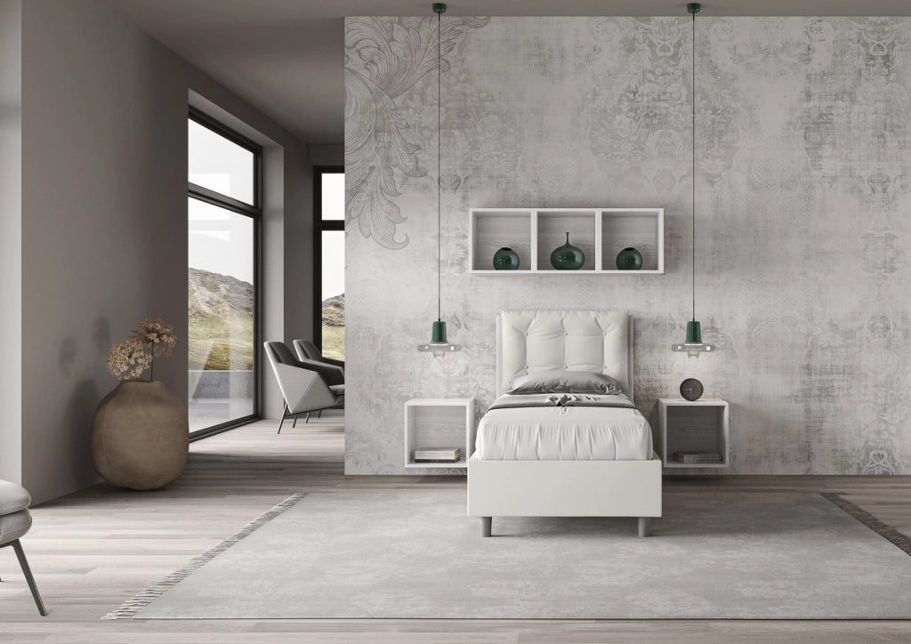 BS COM Letto singolo con rete imbottito 80x190 similpelle bianco