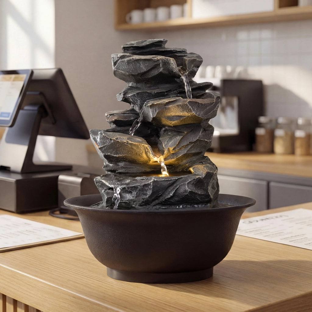 Fontana zen in resina da interno con luce led e pompa silenziosa, Fontana da tavolo a cascata velocit¨¤ dell'acqua regolabile Modello 3
