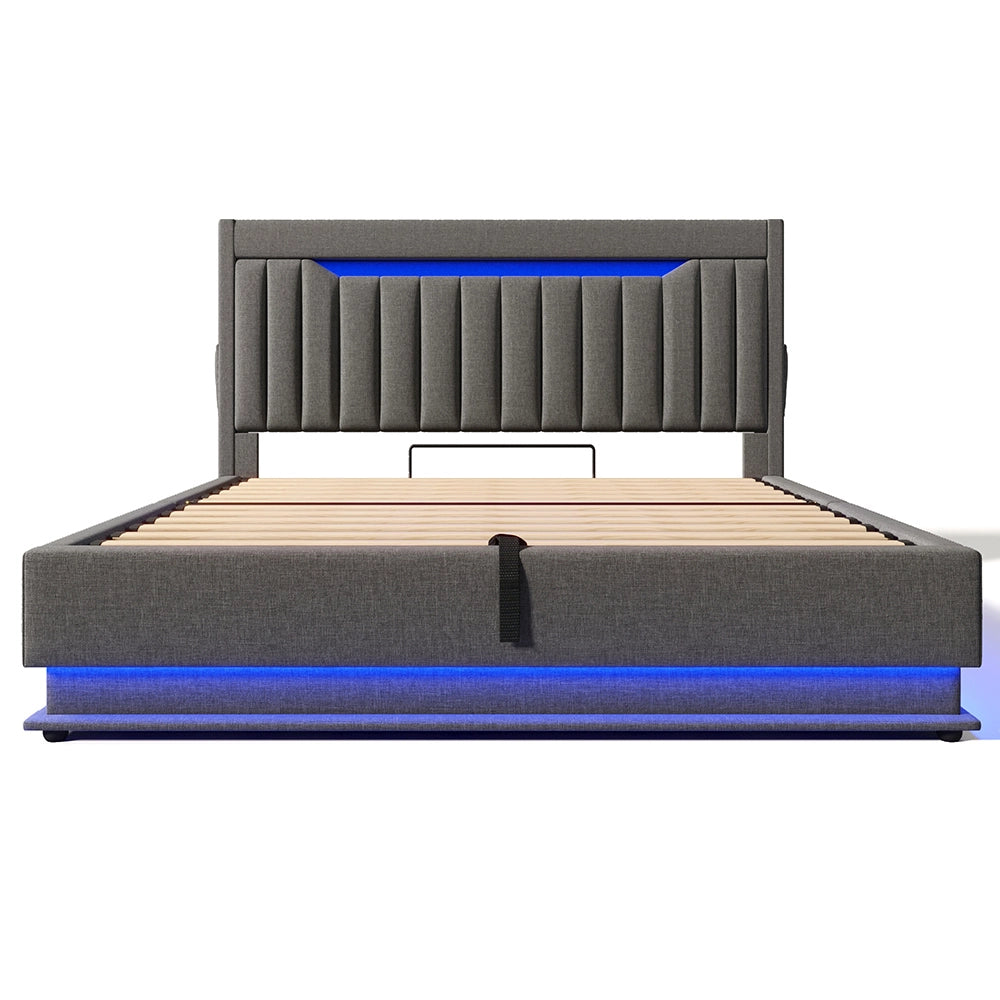 Letto matrimoniale-Xylo-140x200 cm-LED, USB-C, testiera, idraulico, lino, grigio