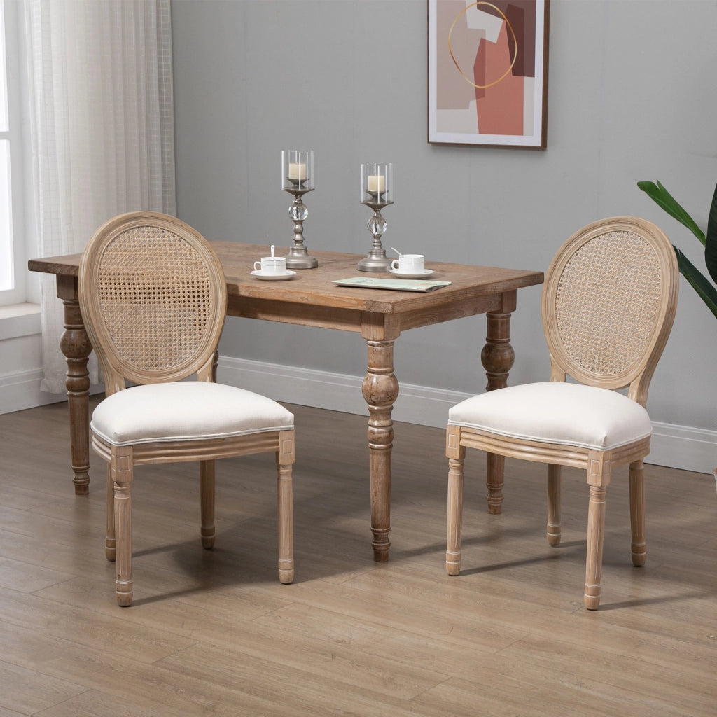 Set 2 Sedie per Soggiorno in Stile Vintage con Schienale Traforato, in Legno e Tessuto, 49x56x96cm, Bianco Crema