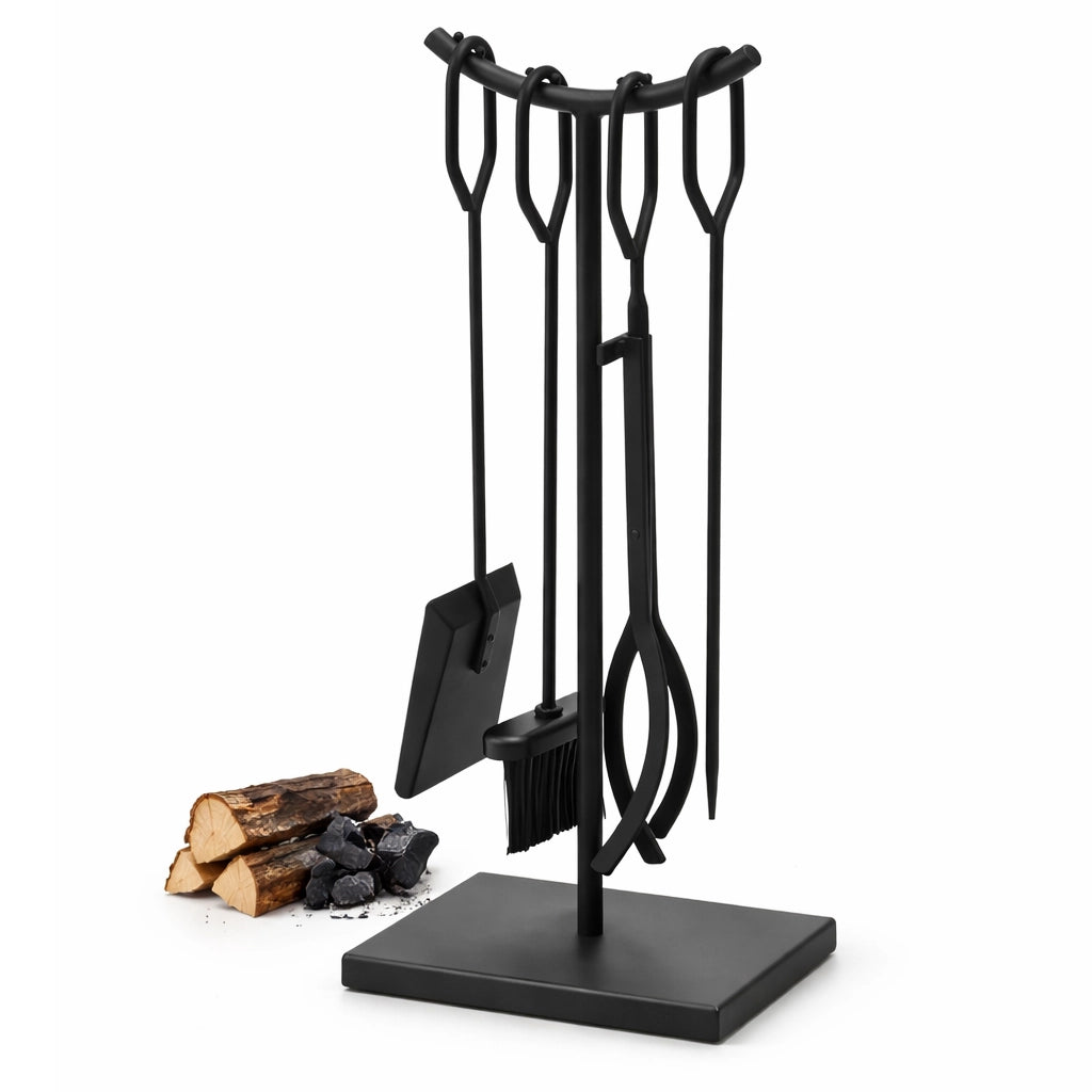 Kit 4 Pezzi Accessori Camino in Ferro Battuto Nero Classico Supporto Stand in Ferro