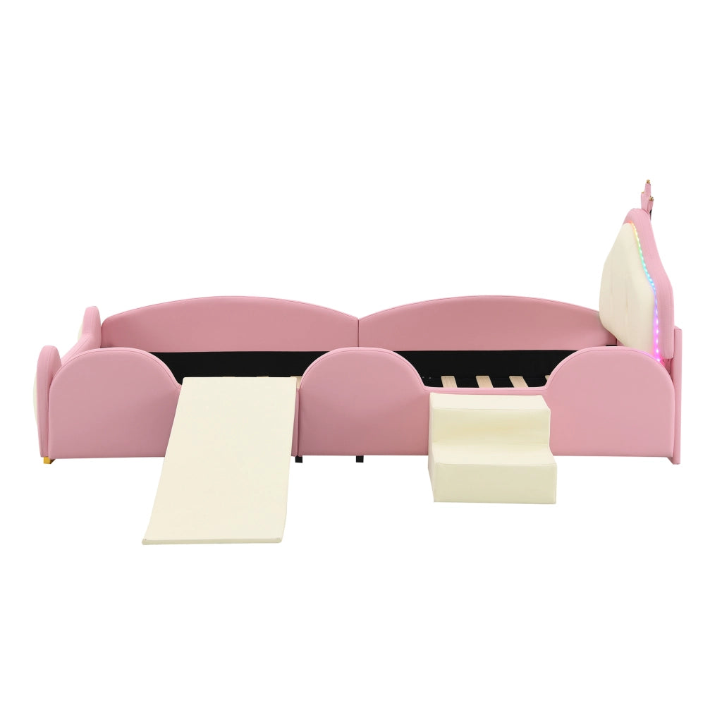 Letto per Bambini 90x200 cm - LED Multimodale; Scivolo e Scala - in PU - Rosa