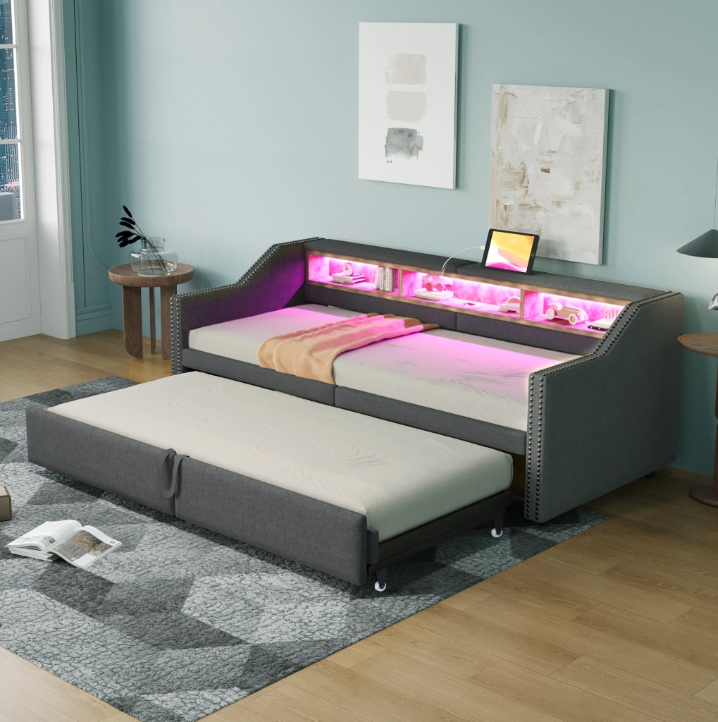 Divano letto estraibile 90/180x200 cm con LED, USB e vani laterali