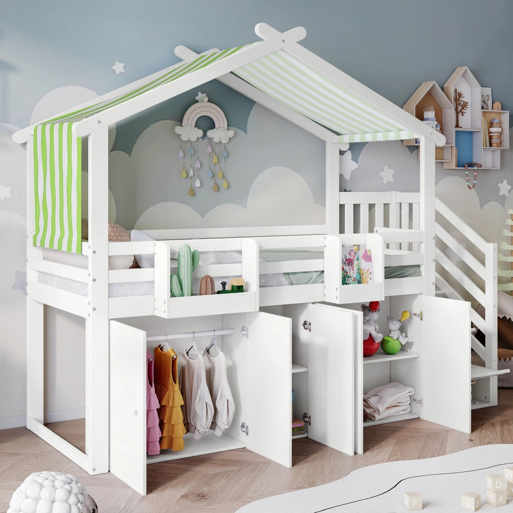 LETTO A CASTELLO 90x200 cm con scala contenitore, armadio, bianco e verde