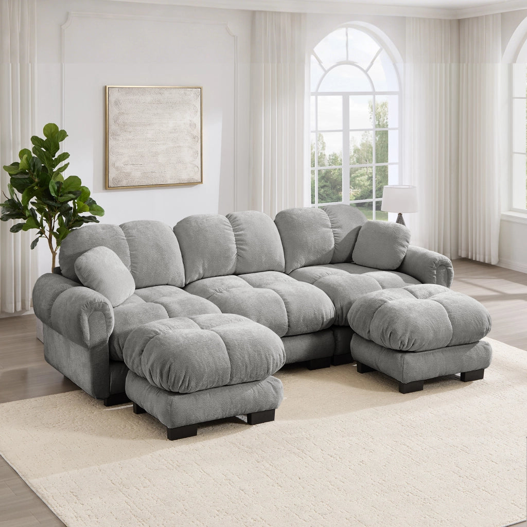 Divano panoramico a U 3 posti con pouf mobile e 2 cuscini, Chenille, Grigio chiaro