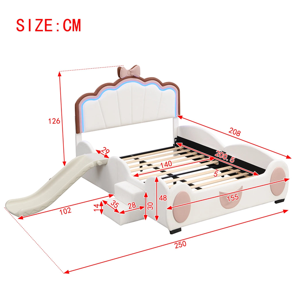 LETTO per bambini 140x200 cm a farfalla con LED, scivolo e scala, PU rosa e bianco