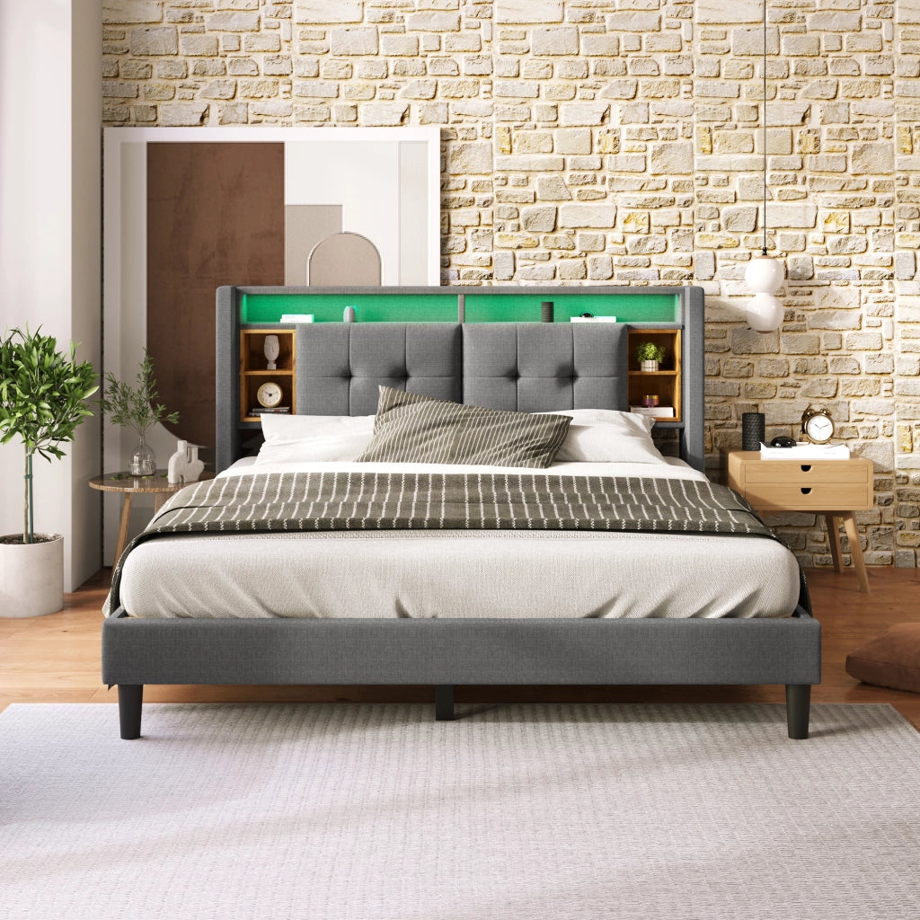 Letto matrimoniale imbottito con USB LED 160x200 cm legno massello grigio