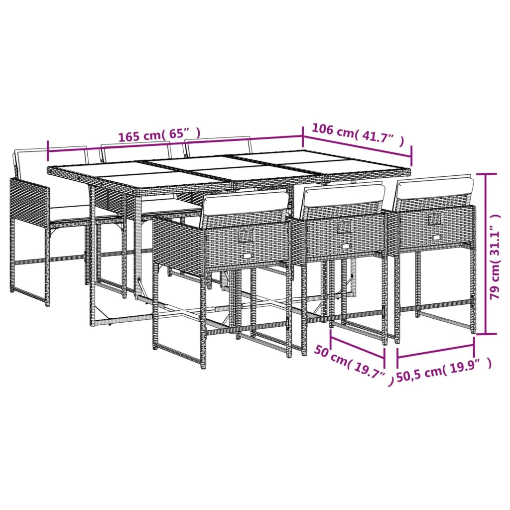 Set da Pranzo da Giardino 7 pz Nero con Cuscini in Polyrattan 3278042