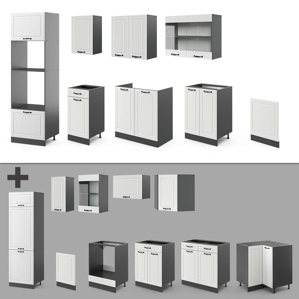 Vicco Cucina componibile Bianco casa di campagna/antracite 300 cm con armadio alto, PL Antracite