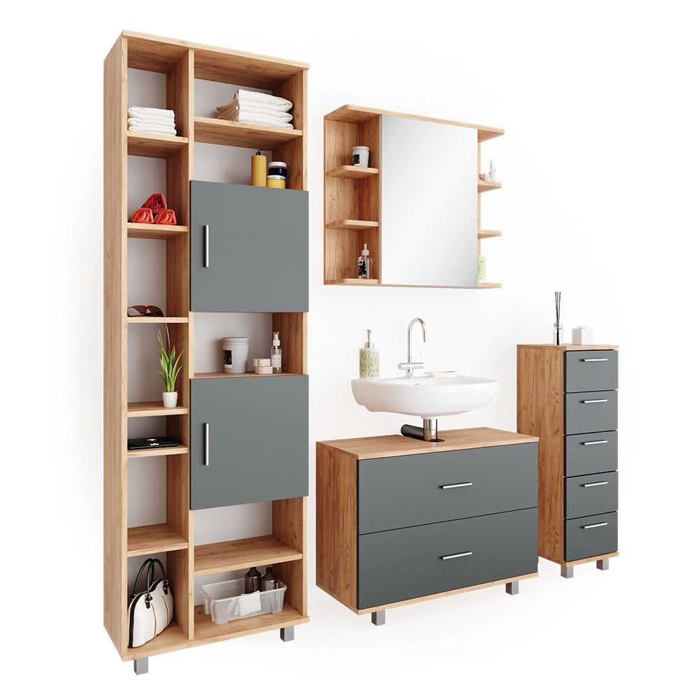 Vicco Set mobili bagno Antracite/quercia dorata 4 parti