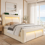 LETTO Singolo 90x200 cm in velluto beige con LED e porte USB/Type-C