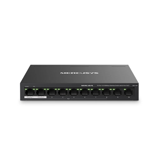 Switch mercusys ms110p 10p 10/100 lan con 8p poe+ compatibile con 802.3af/at pds, 65 w poe power