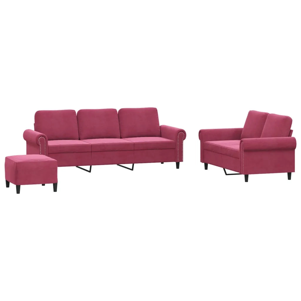 Set di Divani 3 pz con Cuscini Rosso Vino in Velluto