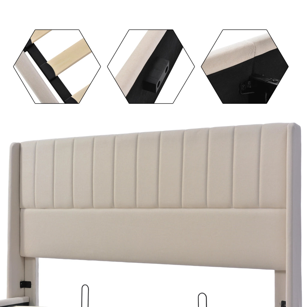 LETTO Contenitore idraulico 160x200 cm Beige in lino