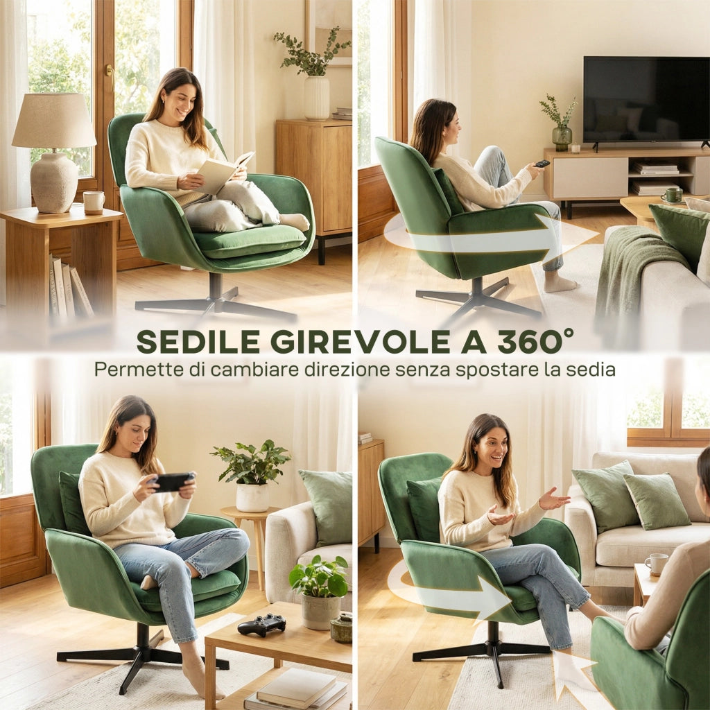 Poltrona Girevole con Cuscino ¨C Xylo ¨C Tessuto Velluto Verde