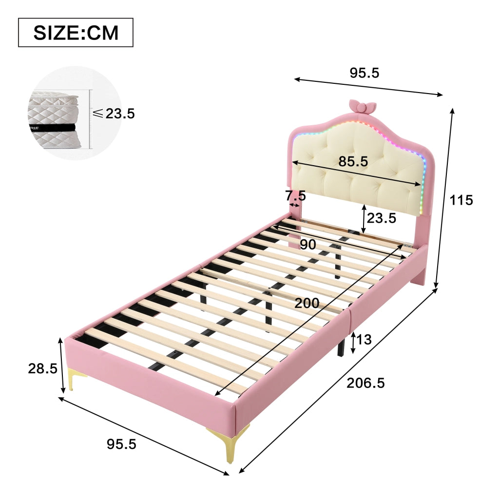 LETTO Imbottito 90x200 cm PU Bianco/Rosa con testiera ondulata e LED