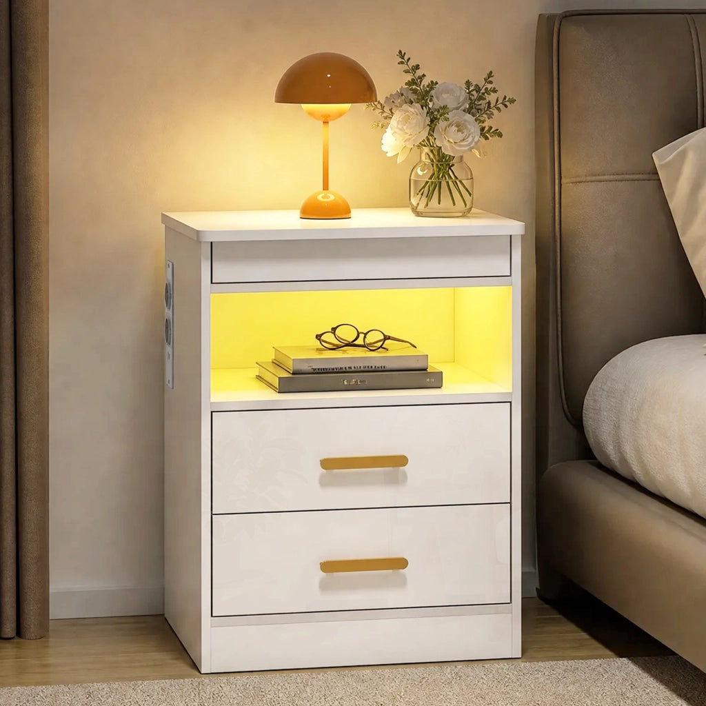 Comodino con ricarica LED RGB ¨C Xylo ¨C lucido bianco
