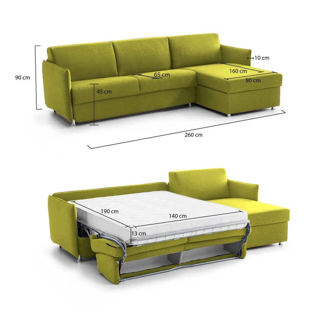 Scordia, Divano Letto con Penisola Sfoderabile Made in Italy, 260x160 cm Verde