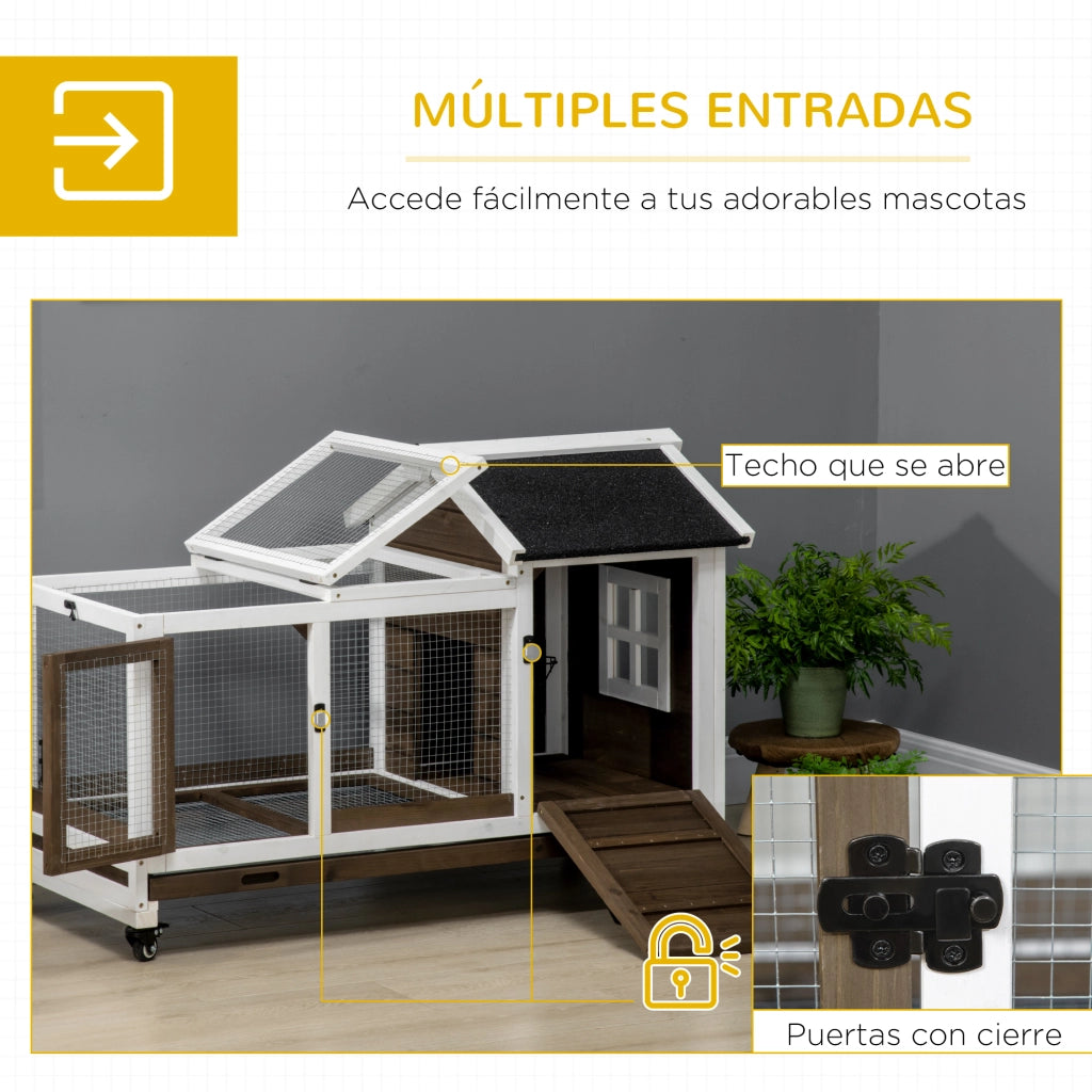 Conejera in Legno con Ruote e Cassetto ¨C Zephmum ¨C 108x58x73.5 cm Marrone Scuro
