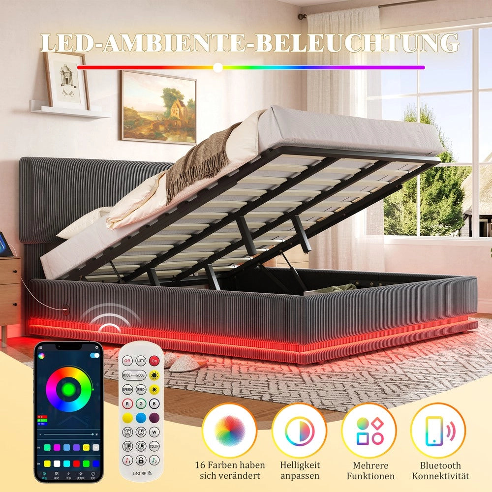 Letto Imbottito Contenitore con LED e Testiera Regolabile ¨C MINIMAL ¨C Velluto Grigio 180x200
