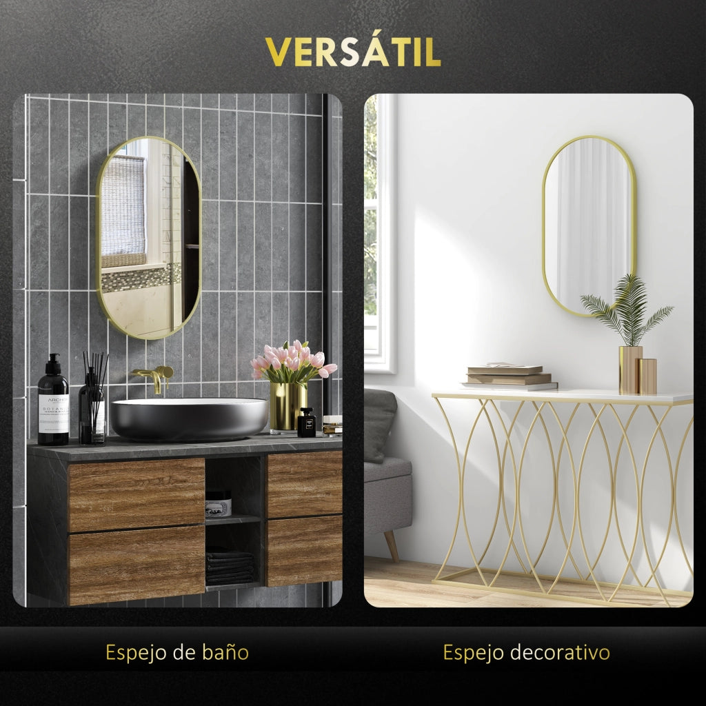 Specchio da Bagno Ovale con Cornice in Alluminio ¨C Minimal ¨C 40x70 cm Dorato